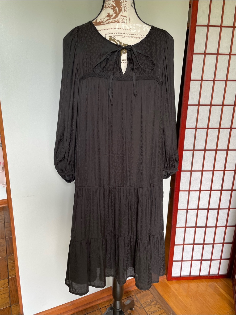 Ophelia Roe Black Cheetah-Print Tiered Dress, Size XL